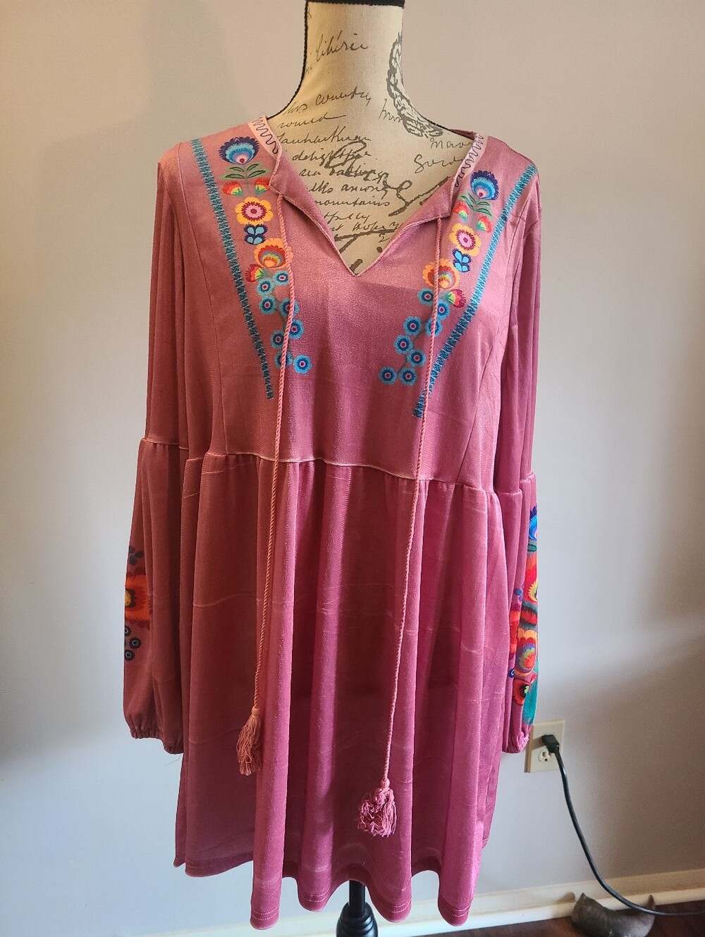 Pink Boho Printed On Embroidered Look V-Neck Tunic Dress